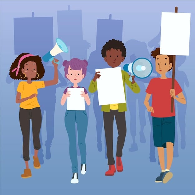 A person using a megaphone to address a crowd, representing campaign messaging. The crowd is diverse, showing different demographics and interests.