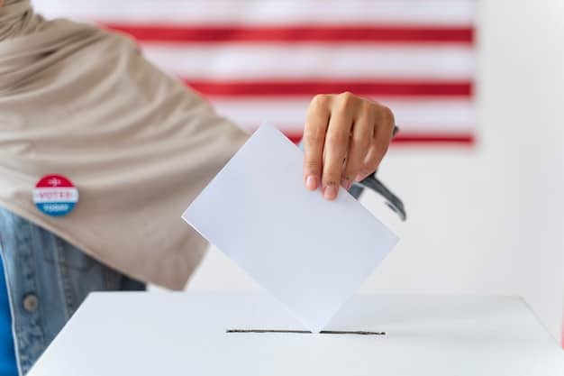 A close-up of a ballot box with a hand casting a vote, emphasizing the act of voting and citizen participation.