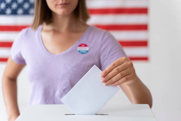 A close-up of a voter filling out a ballot at a local polling station, focusing on the act of making a choice and participating in democracy.