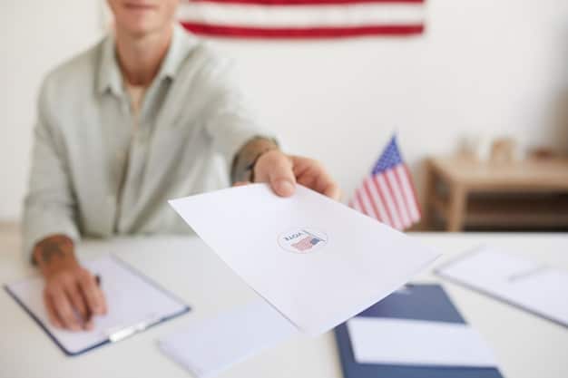 A close-up shot of a voter registration form being filled out on a desk. The form is clean and easy to read, with clear instructions. A pen is visible, actively writing information on the form. The background is blurred, focusing attention on the act of registering.