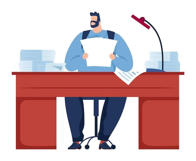 A person sitting at a desk, carefully reviewing and editing a formal complaint document, with a pen in hand and stacks of supporting documents nearby.