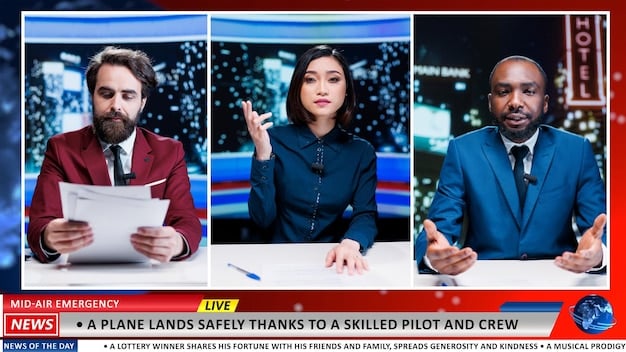 A split-screen image, with one side showing accurate news headlines and the other side showing misleading or false headlines, both overlaid on a generic social media feed. The color scheme is contrasting to highlight the dichotomy.