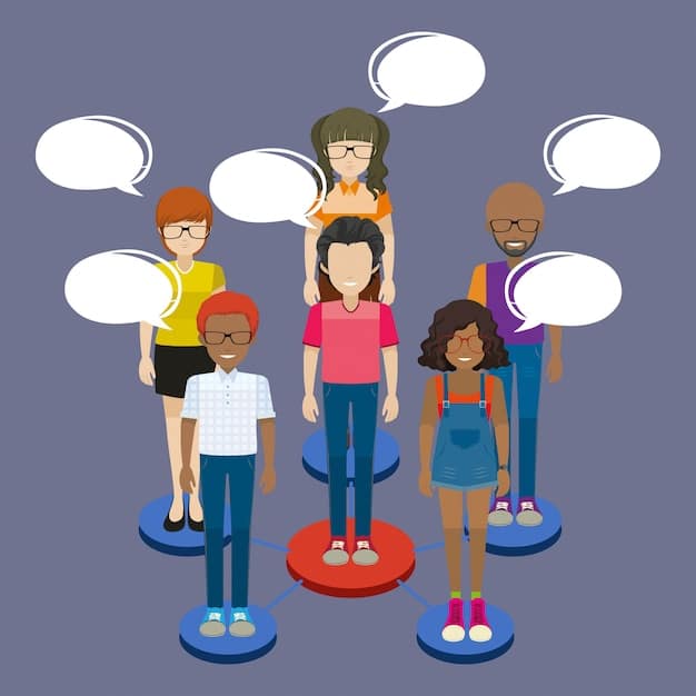 An image depicting a group of people engaged in both face-to-face and virtual conversations, with speech bubbles showing a range of respectful and disrespectful comments.