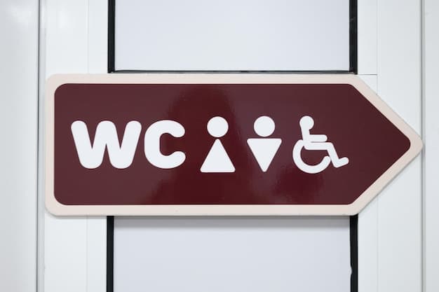 A close-up shot of a sign with both text and braille, indicating an accessible restroom in a community center. The sign is clearly visible and well-maintained.