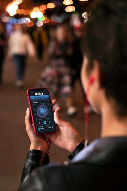 A person using a smartphone with a clear interface, showcasing accessibility features like screen magnification and voice control, at a community event.