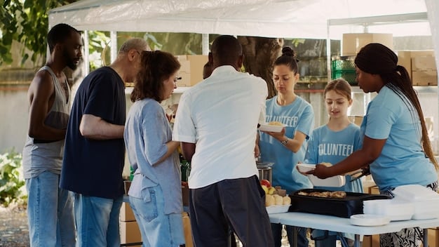 A community event booth where representatives from the organizing body and a local volunteer organization are interacting and engaging with attendees, handing out brochures and answering questions. This visualizes the synergy from partnering with existing groups.
