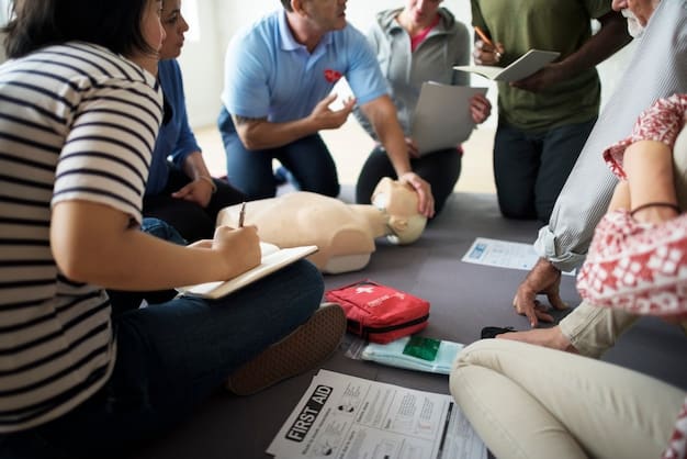 A group of volunteers participating in a training session for emergency response. They are practicing first aid techniques and demonstrating how to use a fire extinguisher. The training is being led by a qualified instructor.
