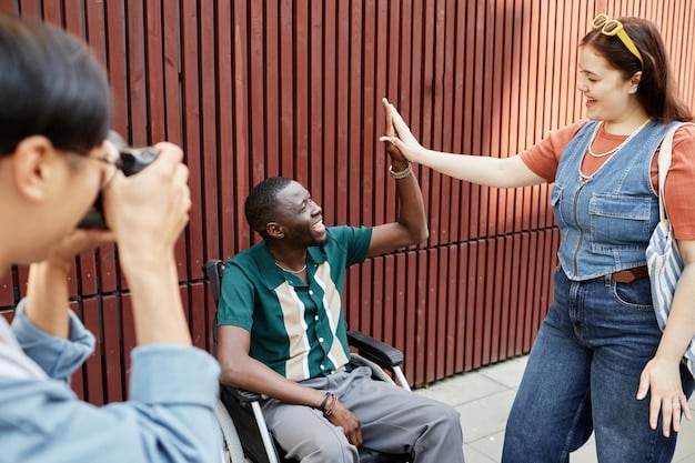 A volunteer guiding a visually impaired person through a community event using tactile paving and verbal directions. The volunteer is smiling and the visually impaired person is holding a white cane.