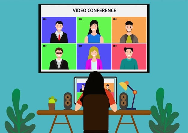 A split-screen image showing an in-person conference audience and a virtual audience on a video call, both actively participating and engaging with the speaker on stage.