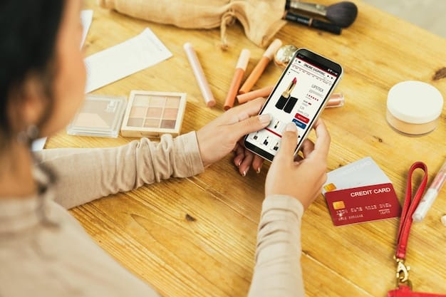 A person using a smartphone to browse an e-commerce app or website, with various product images and a check-out button visible on the screen. The setting is a modern and comfortable environment, perhaps a café or a home.