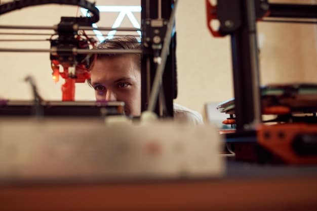 Close-up of an engineer working on a 3D printer creating a complex component in a brightly lit lab. The focus is on the intricate details of the printed object and the engineer's absorbed expression.