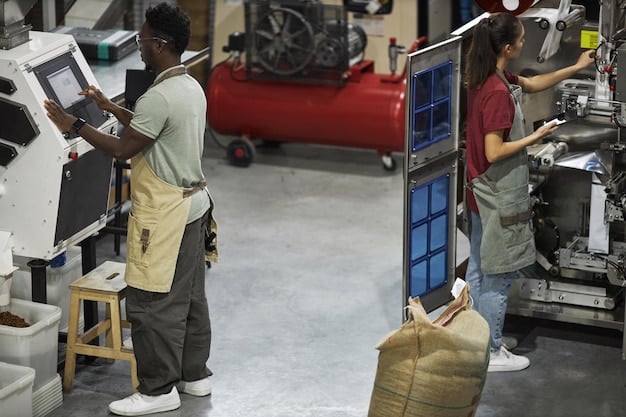 A group of diverse students in a vocational training center, working on advanced manufacturing equipment under the guidance of an instructor. They are wearing safety glasses and focused on the machinery, highlighting hands-on learning and skill development.