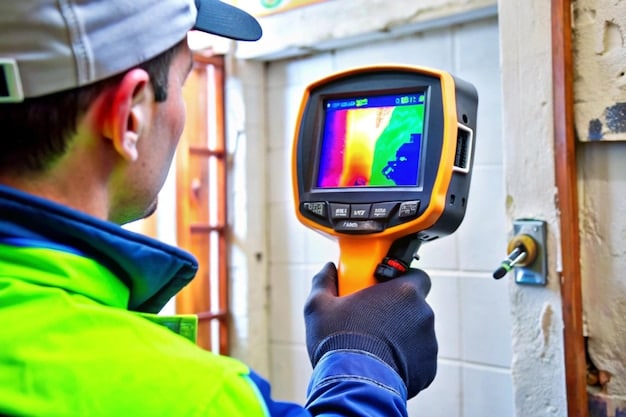 A close-up shot of an energy auditor holding a thermal imaging camera, inspecting the insulation of a building wall. The thermal image shows areas of heat loss in bright colors, indicating where improvements are needed.