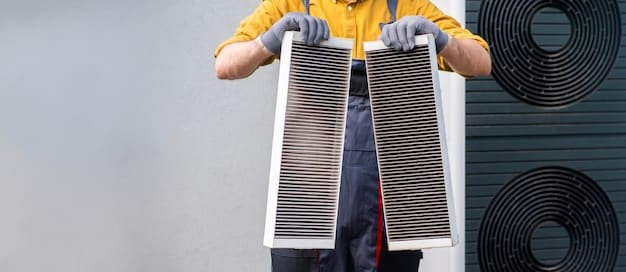 A technician performing maintenance on an HVAC unit, checking the filters and cleaning the coils. The technician is wearing safety goggles and gloves.