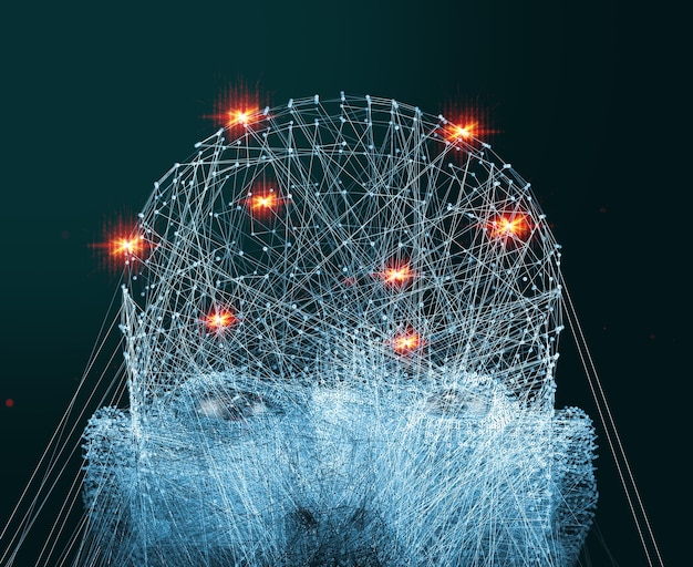 A graphic depicting a neural network with nodes representing data points, illustrating the complex analysis and decision-making capabilities of AI and machine learning.