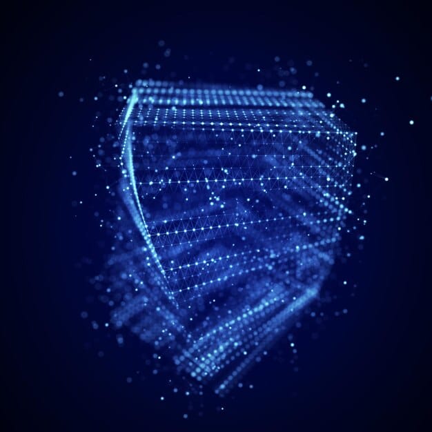 A digital shield with interconnected lines and data streams, symbolizing the protective measures and data flow in a cybersecurity system.
