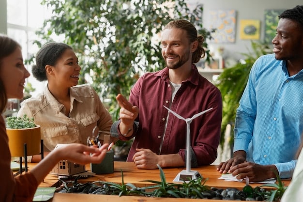 A diverse team of employees working collaboratively in a modern office space with large windows showing a green landscape, representing a company committed to sustainability and employee well-being.