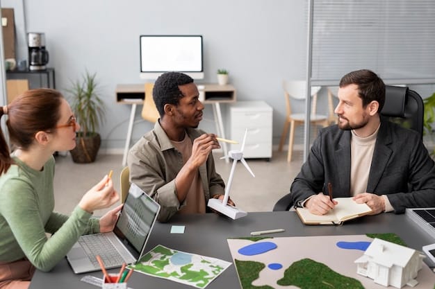 A group of business executives in a boardroom discussing sustainability reports and strategies, showing a commitment to integrating eco-friendly policies into corporate governance.
