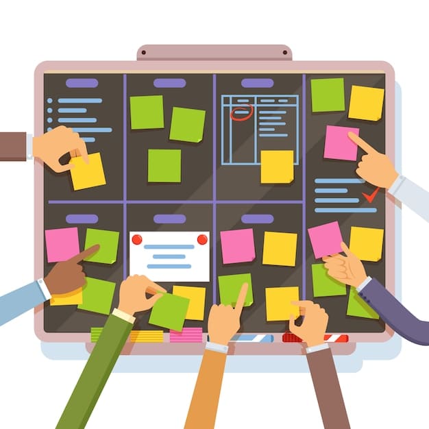 A project management board with tasks assigned to remote team members. Sticky notes and digital task trackers organize workflows in a visual representation of remote teamwork.