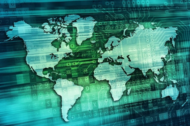A world map with highlighted regions representing areas with significant data privacy regulations, such as the EU (GDPR) and California (CCPA).