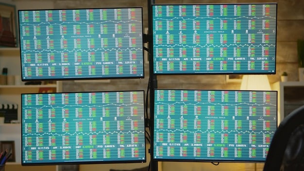 A close-up shot of several computer screens displaying various economic graphs and charts, illuminated by the glow of the screens. The graphs show upward trends, emphasizing positive economic performance.