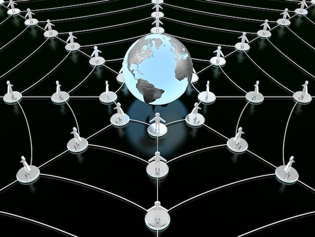 A digital illustration depicting a network of interconnected points, representing the global aspect of national security and the various domains involved, such as cybersecurity, counterterrorism, and international relations.