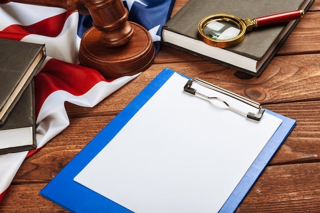 A gavel resting on a stack of legal documents with the US flag blurred in the background, symbolizing the authority and process of the Supreme Court's decisions.