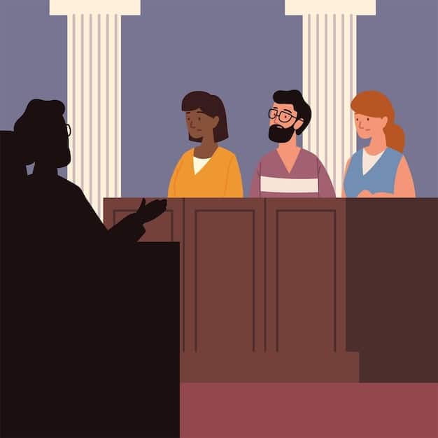 A courtroom scene with lawyers arguing before a judge, and concerned immigrants and their families watching from the gallery.