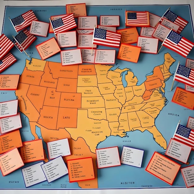 A detailed map of the United States, each state shaded according to the number of electoral votes it holds, with key battleground states highlighted.