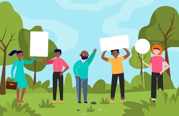A diverse group of people holding signs representing various political causes and issues that nonconnected PACs might support, like environmental protection, gun control, and healthcare reform.