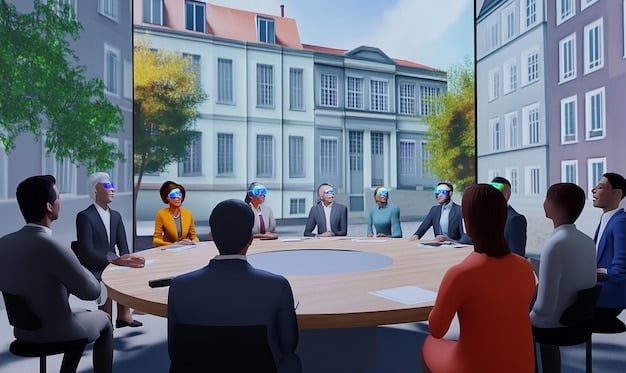 A digital rendering of a town hall meeting, with citizens, city planners, and developers discussing proposed zoning changes. The atmosphere is somewhat tense, reflecting the debates often associated with zoning reforms.
