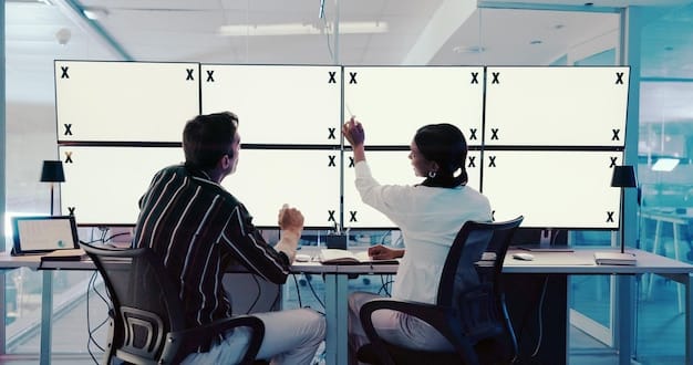 A split screen showing representatives from CISA and the FBI collaborating in a secure operations center, monitoring election systems for potential cyber threats. The image conveys a sense of teamwork and vigilance.