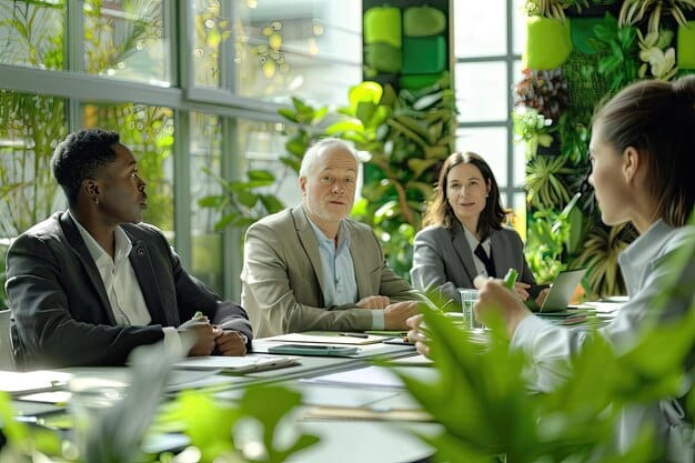 A group of local government officials meeting around a table, reviewing documents related to renewable energy projects. The scene emphasizes collaboration and planning, showing How Local Governments Can Leverage Federal Grants for Renewable Energy Initiatives through strategic teamwork.