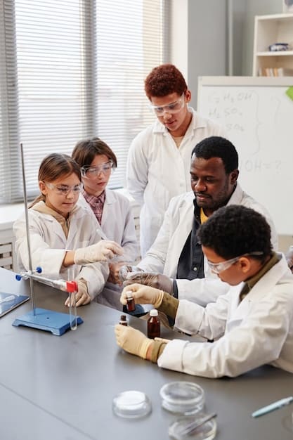A diverse group of students working together on a science project in a well-equipped classroom, representing the resources schools strive to provide with adequate funding. Relate the image to 'How Will the 2025 Federal Budget Affect Local School Funding?'.
