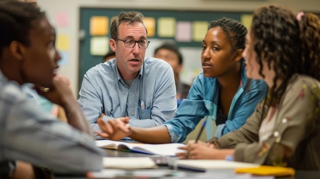 A group of concerned parents and teachers attending a school board meeting, discussing budget concerns and potential cuts. The atmosphere is serious but collaborative, showing a community engaged in addressing funding challenges. Relevant to the concept of 'How Will the 2025 Federal Budget Affect Local School Funding?'.