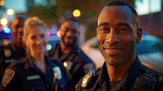A split image showing on one side a local police officer interacting positively with community members, and on the other side a visual representation of federal regulations and oversight mechanisms, symbolizing Local Law Enforcement and Federal Oversight: Understanding the New Guidelines.
