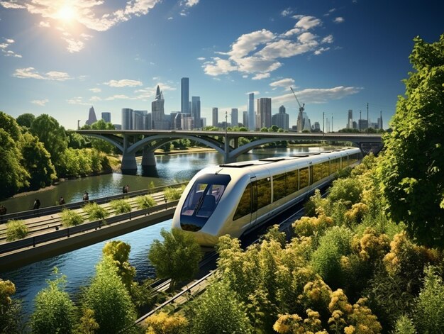 A high-speed train speeding through a modern city, surrounded by skyscrapers and green spaces. The scene represents the infrastructure investments the federal government has made in transit. This showcases Understanding the Federal Government's Role in Local Economic Development by fostering economic development and connectivity.