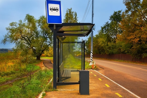 A modern, accessible bus stop in a rural area, featuring a comfortable waiting area, real-time bus arrival information, and connections to local trails. The image symbolizes the positive impact of federal investments on rural transportation, integrating technology and accessibility to enhance the quality of life for residents. The Future of Local Transportation is represented by these upgrades.