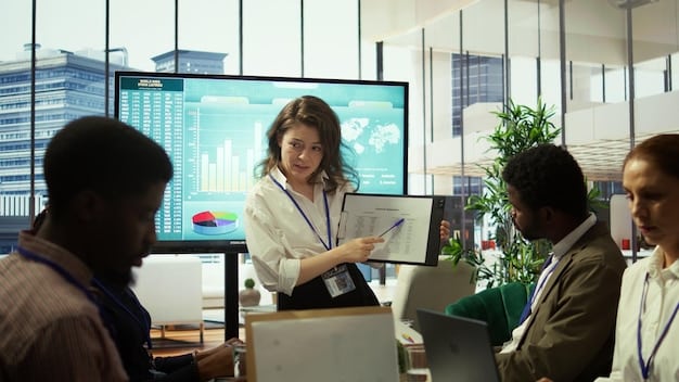 A team of auditors in a meeting room, reviewing audit findings on a projector screen. The atmosphere is collaborative and focused on problem-solving.