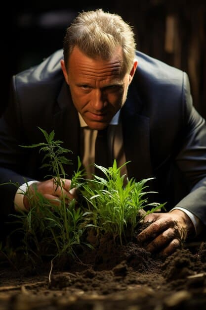 A split image showing a businessman in a suit on one side and a cannabis farmer hands on the another demonstrating both economic and legal implications of federal marijuana law.