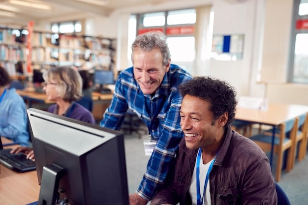 A classroom setting where adults are learning computer skills, with an instructor guiding them. The atmosphere is positive and encouraging, highlighting the benefits of job training.