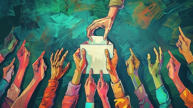 A stylized depiction of a candidate shaking hands with diverse voters, emphasizing grassroots support and community engagement over large donations.