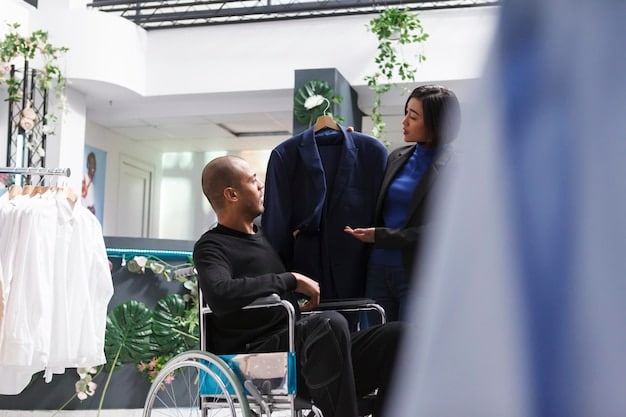 A community event staff member is assisting an attendee in a wheelchair. The staff member is smiling and engaged, providing helpful guidance. The scene emphasizes the importance of staff training and support in ensuring accessibility at community events.