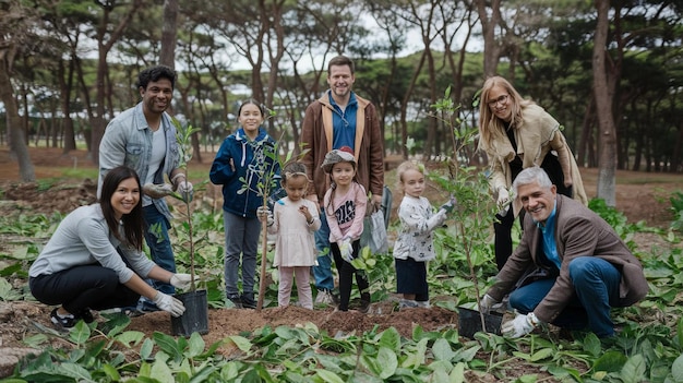 A group of diverse volunteers, including children and adults, planting native trees in a deforested section of a National Park, illustrating community-based conservation and 'What's the Real Impact of the 15% Increase in National Park Service Funding on Community-Based Conservation Events?'. Rangers are supervising and guiding the activity, with the park's iconic landscape visible in the background. The focus is on the collaborative effort and the tangible impact of their actions on the environment.