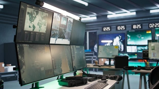 A security control room with multiple screens displaying live feeds from surveillance cameras at a community event. Security personnel are actively monitoring the feeds, demonstrating a proactive approach to event security. The screens show various areas of the event, including entrances, exits, and crowded spaces. This image illustrates how technology plays a crucial role in Community Event Security: Understanding the New Federal Guidelines and Best Practices for 2025.