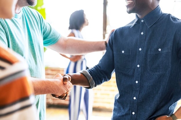 Two professionals shaking hands at a community event, with the sponsoring company's logo prominently displayed in the background. This image represents the positive relationship between the event organizers and the corporate sponsor, symbolizing a successful collaboration and illustrating How to Leverage Corporate Sponsorships for Your Community Event: A Step-by-Step Guide for 2025.