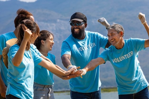 A community event with volunteers wearing branded t-shirts, cheerfully assisting attendees. The atmosphere is lively, with people smiling and laughing. The event is well-organized and visually appealing.