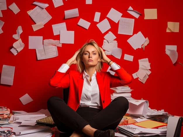 A stressed event planner surrounded by piles of paperwork, highlighting the challenges of bureaucratic red tape in the permit process. The caption reads 