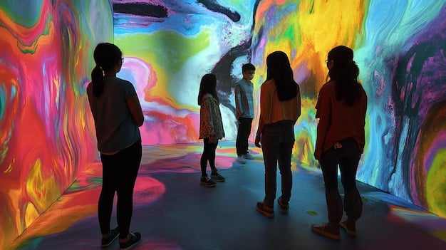 A group of people participating in an interactive art installation at a community event, using digital brushes on a large screen to create a collaborative mural. The image captures the immersive and engaging nature of modern community events.