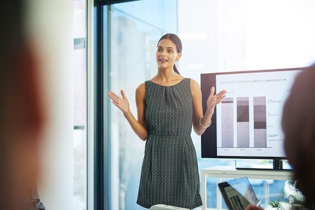 A professional woman confidently speaking in front of a conference audience, with her presentation slides visible, projecting an aura of expertise and leadership.